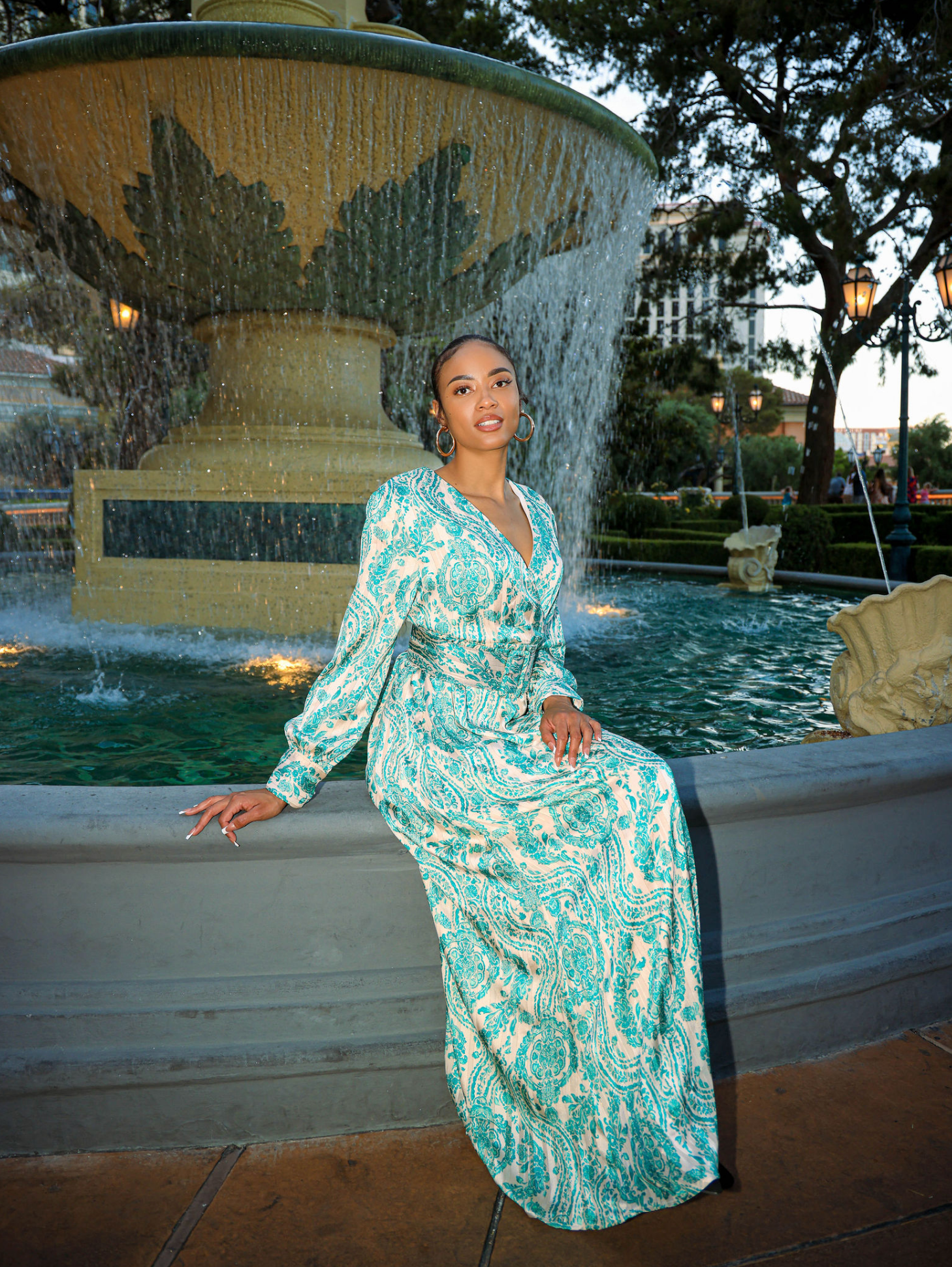 Marlow Teal Print V-Neck Chiffon Maxi Dress