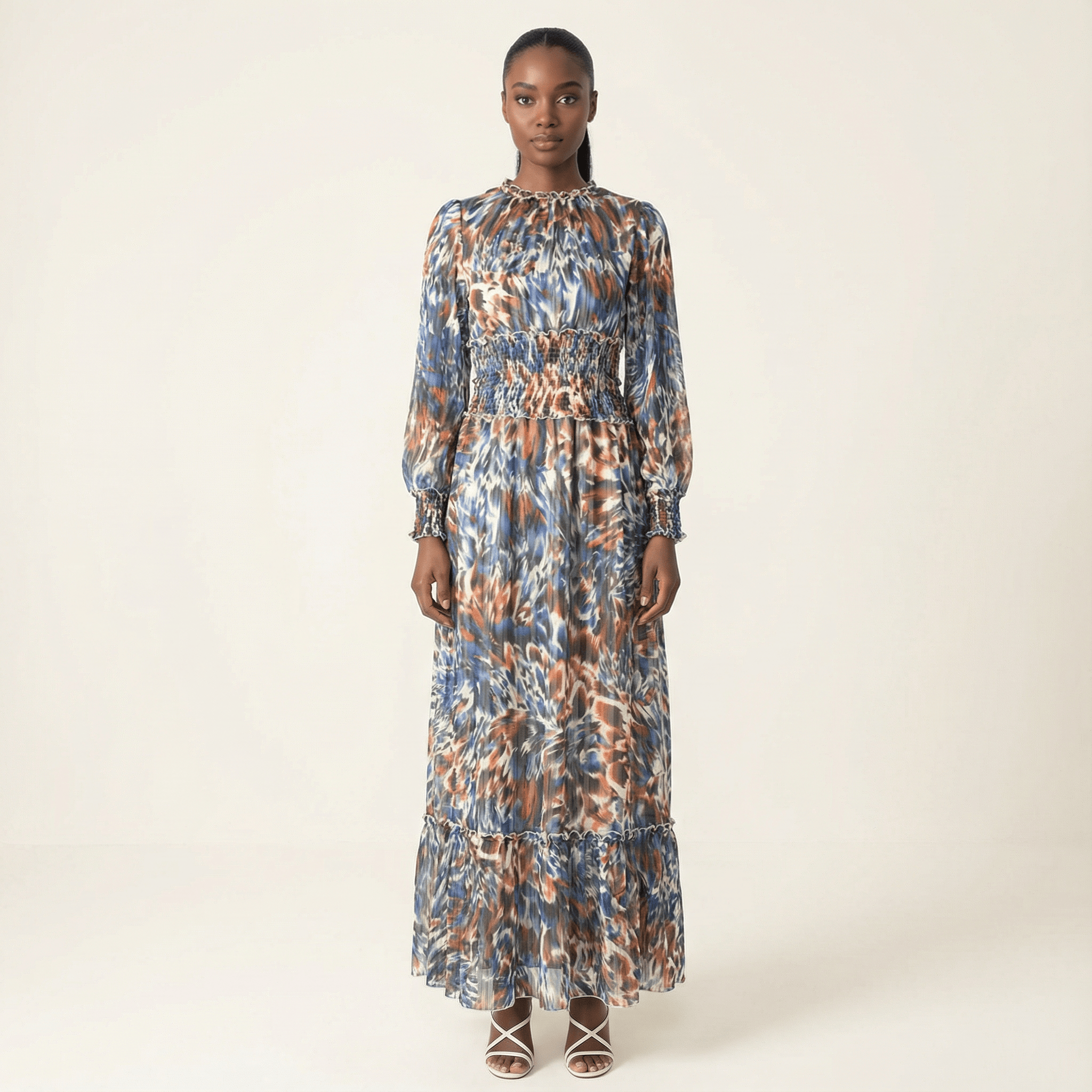 Rhea The Feather-Print Chiffon Maxi Dress