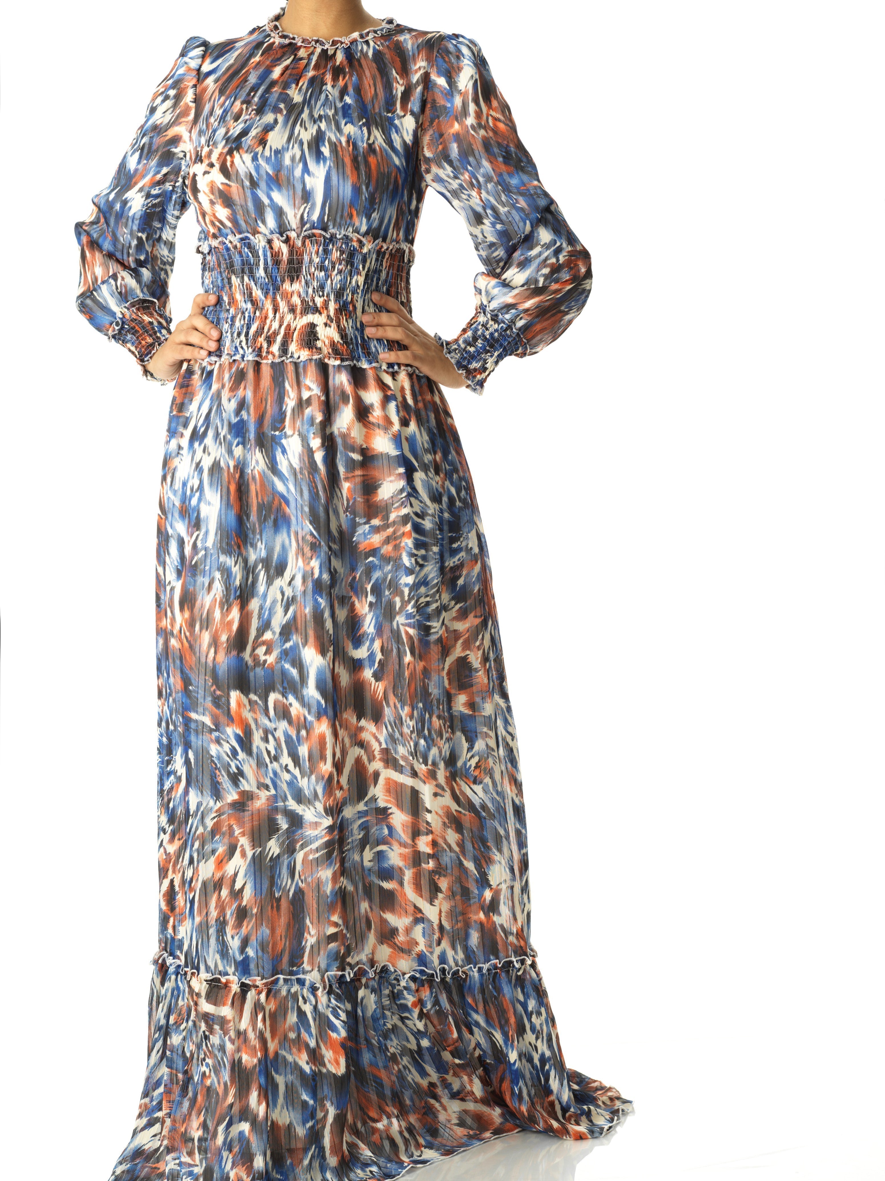 Rhea The Feather-Print Chiffon Maxi Dress