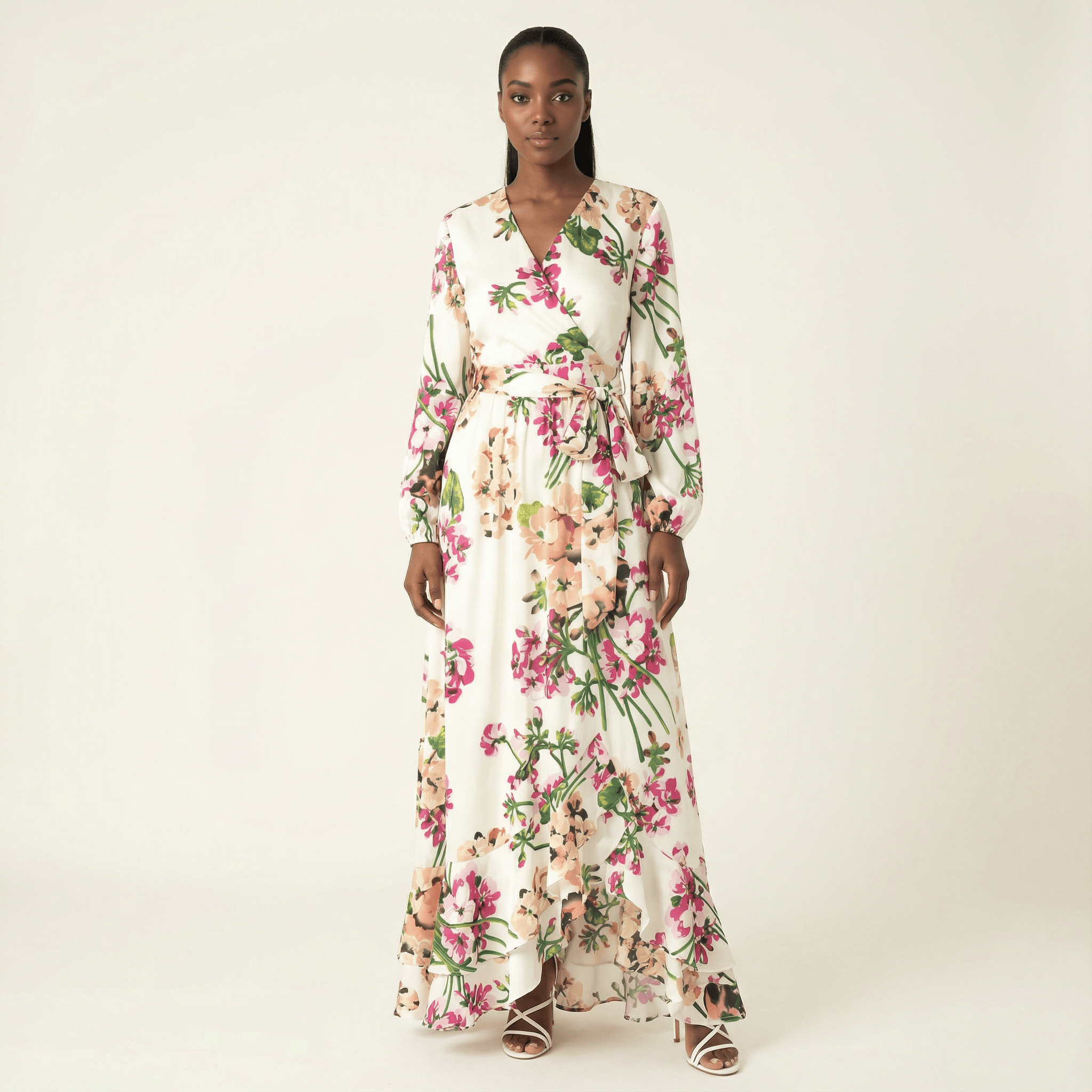 Primrose White Satin Floral Hi-Low Dress