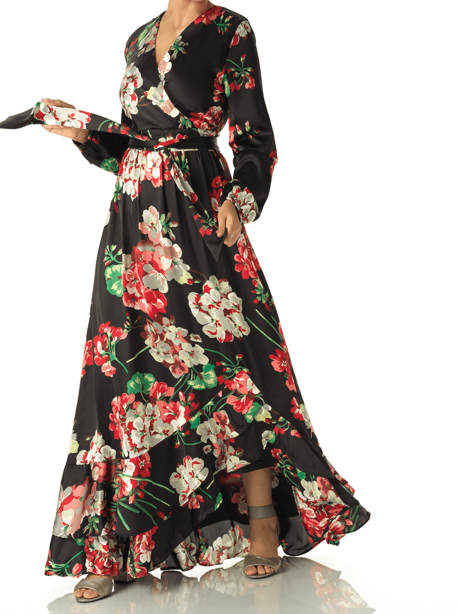 Primrose Black Satin Floral Hi-Low Dress