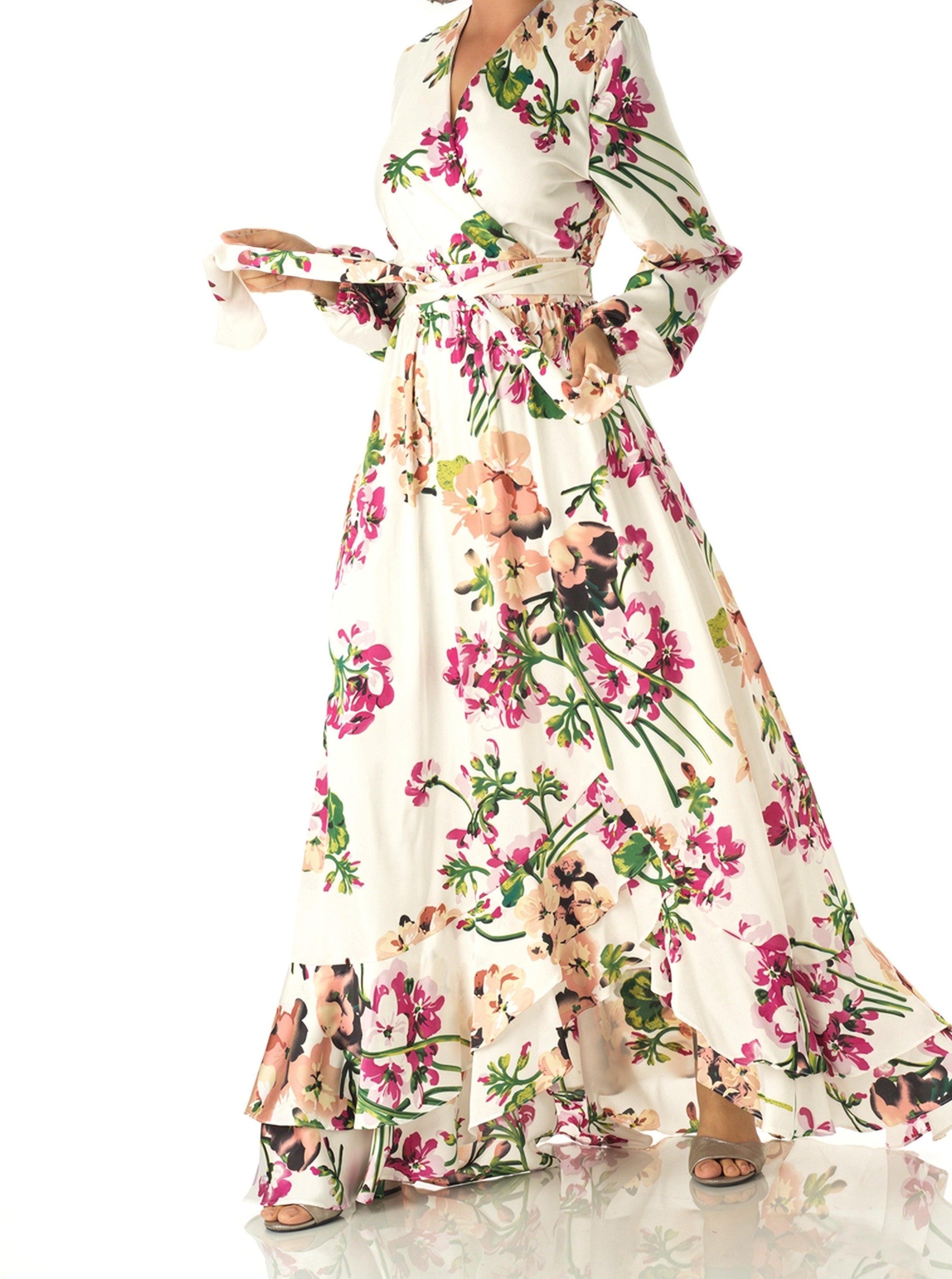 Primrose White Satin Floral Hi-Low Dress