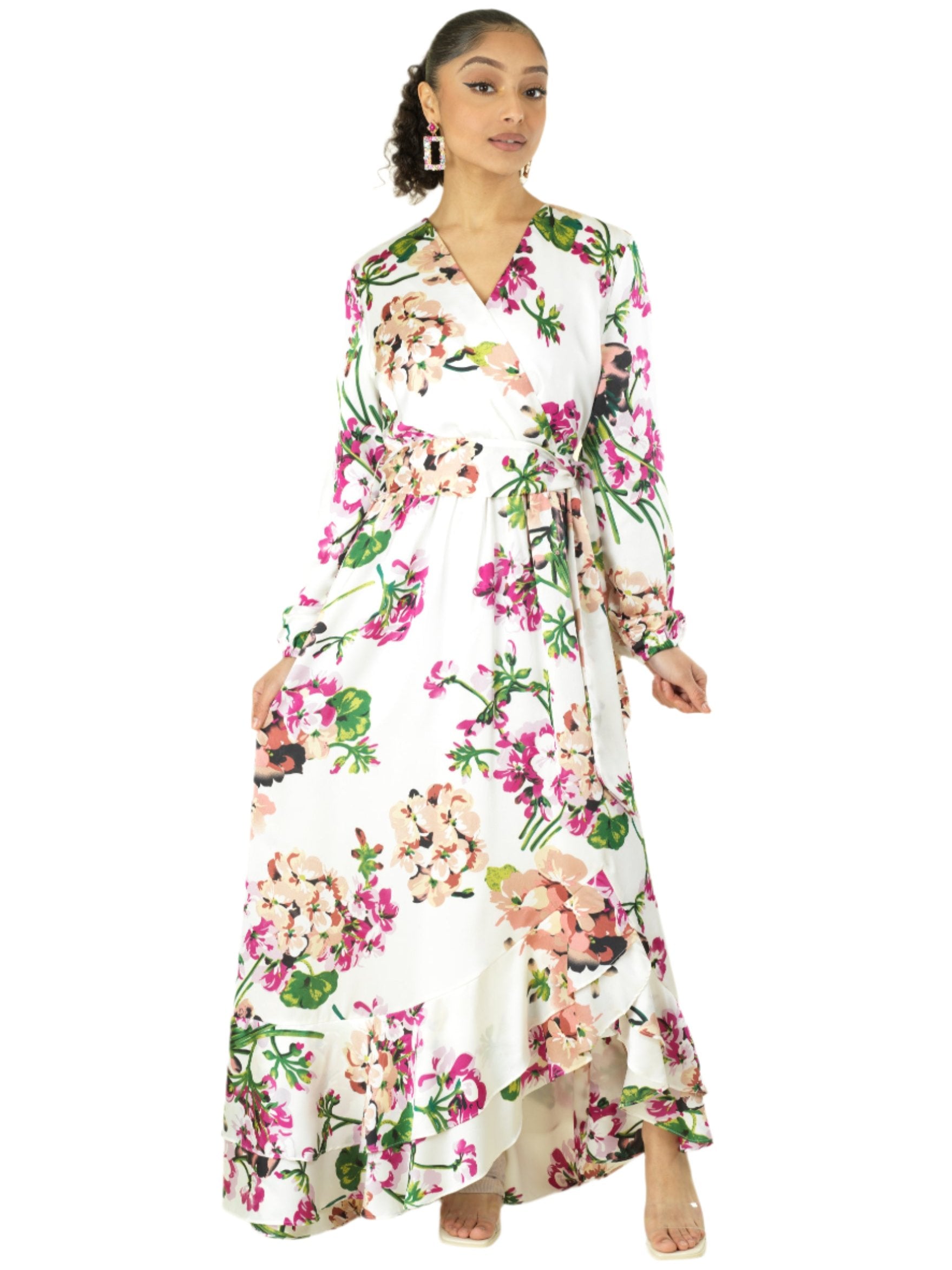 Primrose White Satin Floral Hi-Low Dress