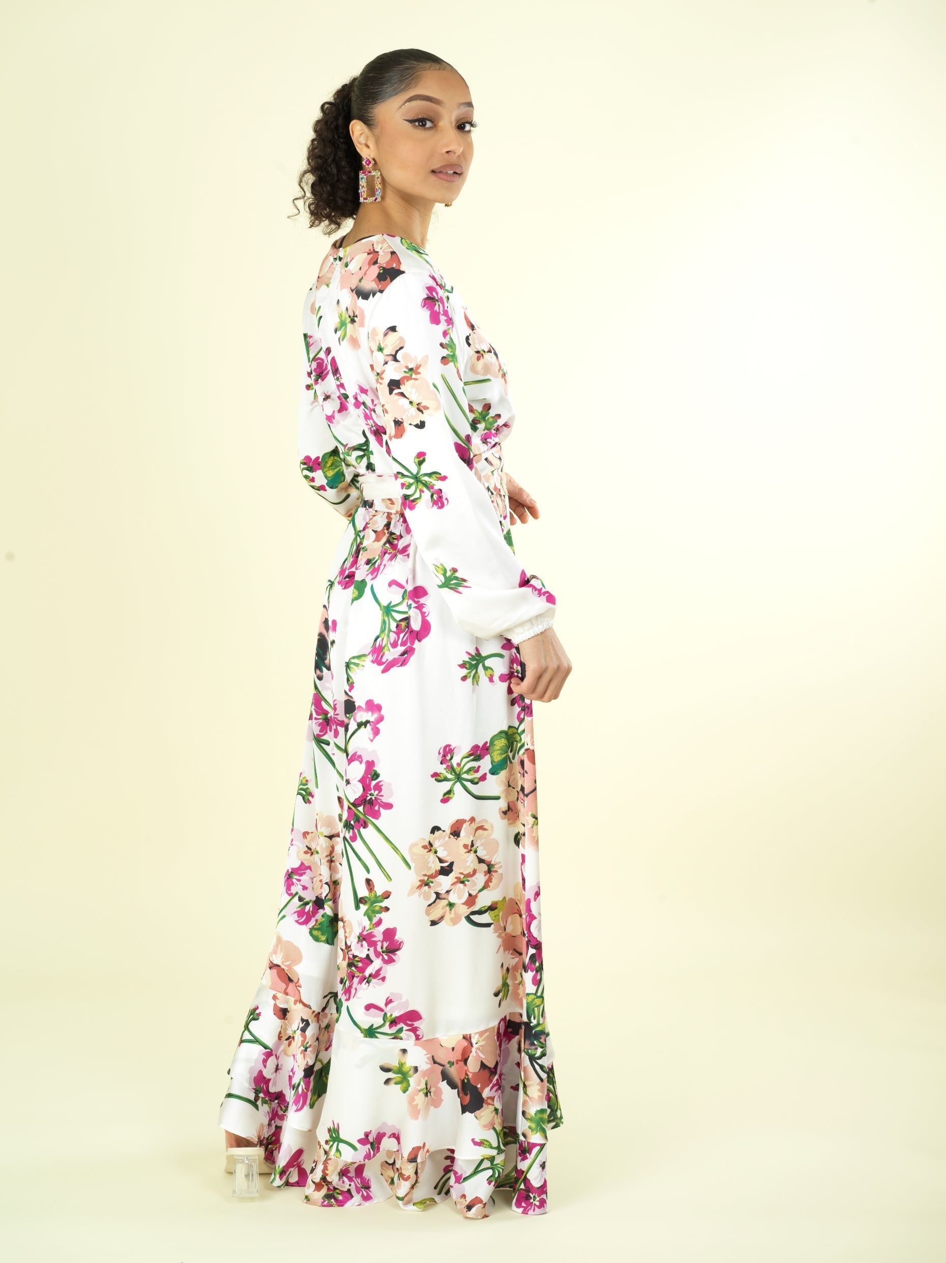 Primrose White Satin Floral Hi-Low Dress
