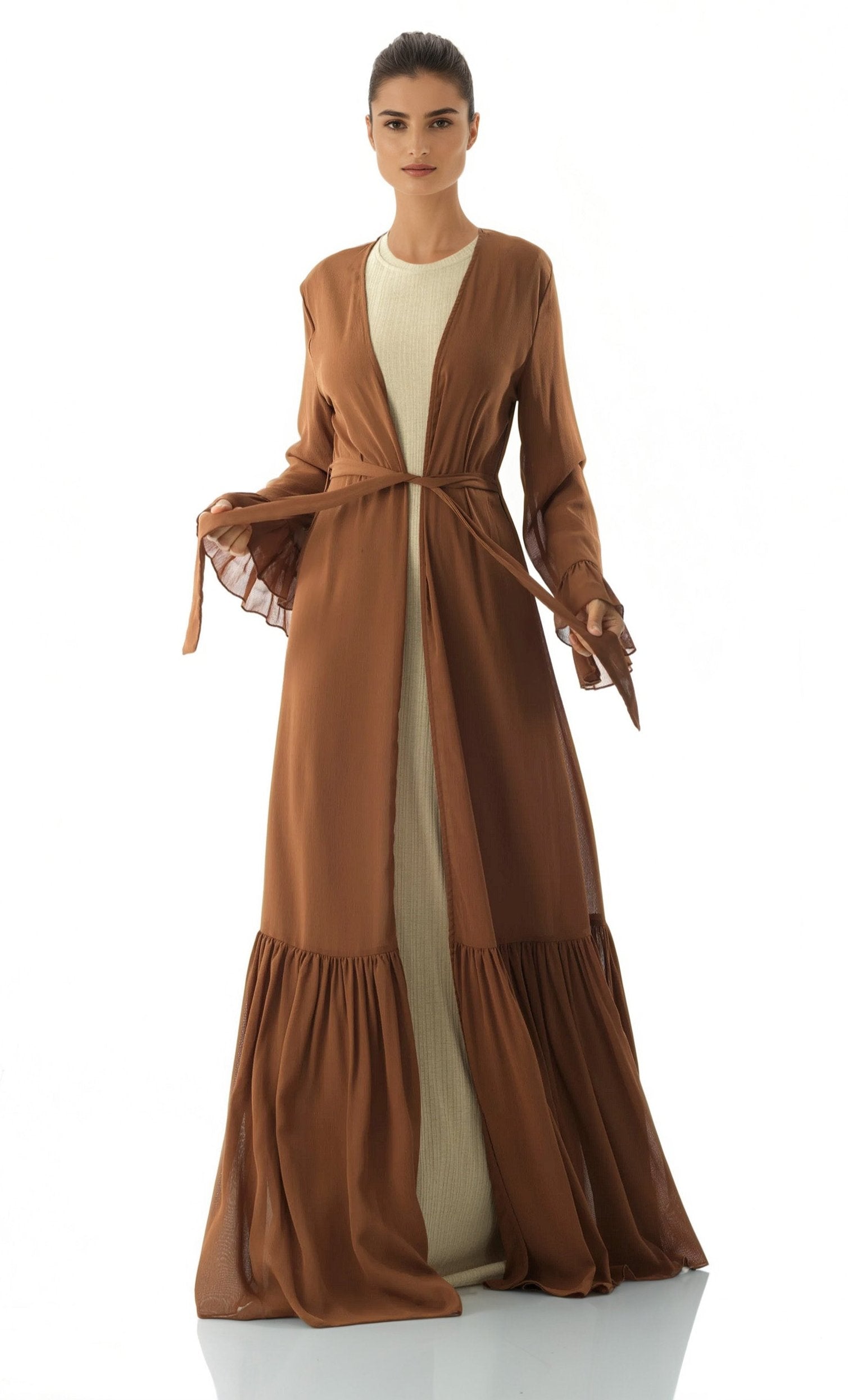 Charleston Coffee Tiered Ruffle Chiffon Cardigan