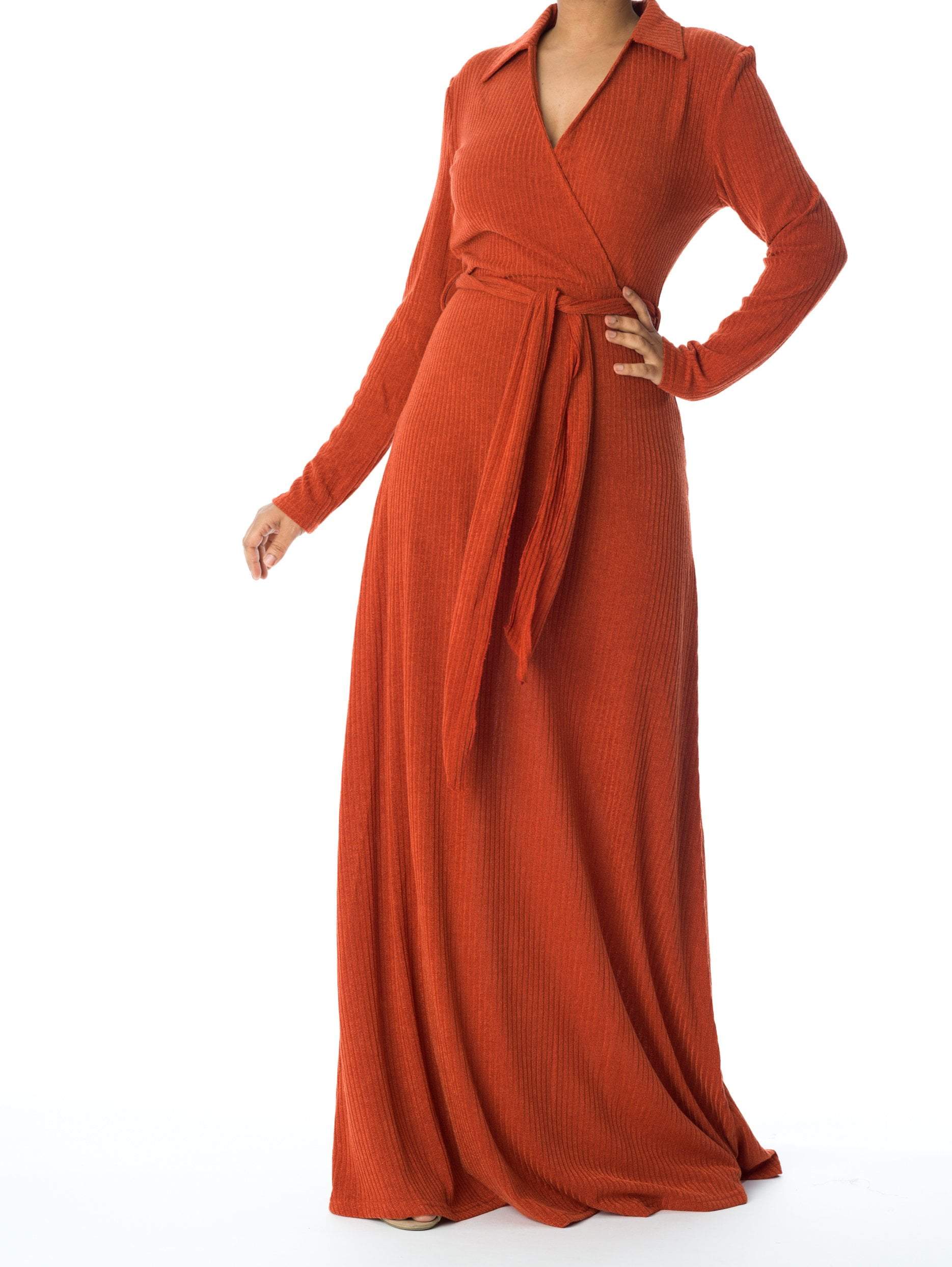 Naomi Orange V-Neck Ribbed Sweater Dress