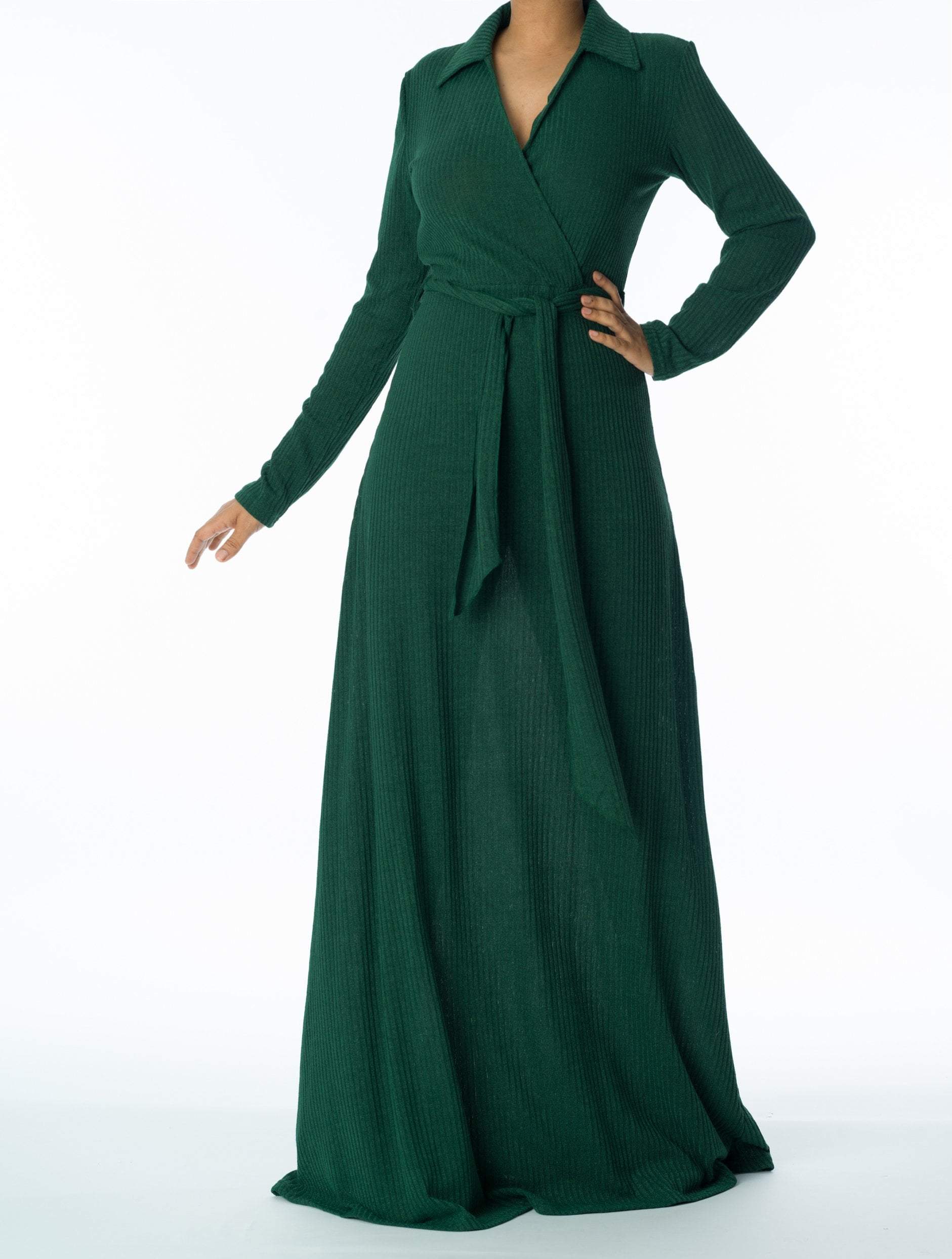 Naomi Green V-Neck Ribbed Sweater Dress
