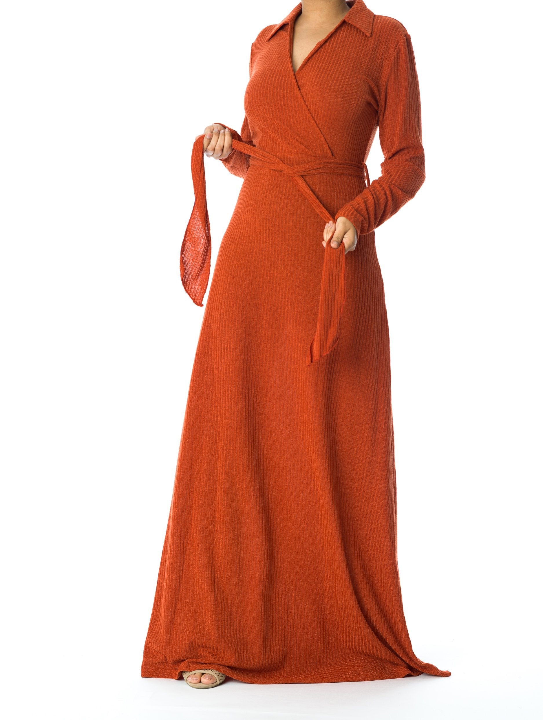 Naomi Orange V-Neck Ribbed Sweater Dress