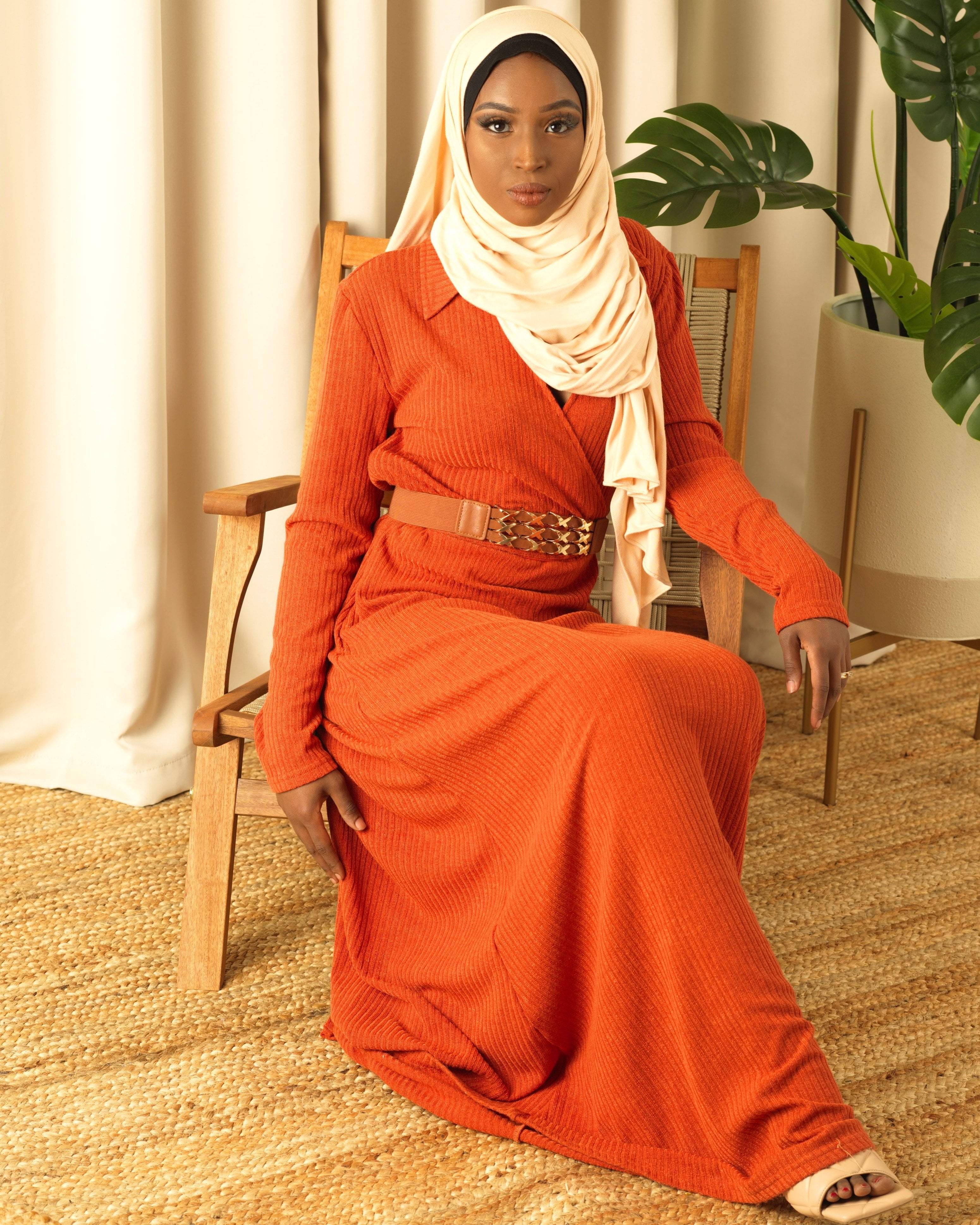Naomi Orange V-Neck Ribbed Sweater Dress
