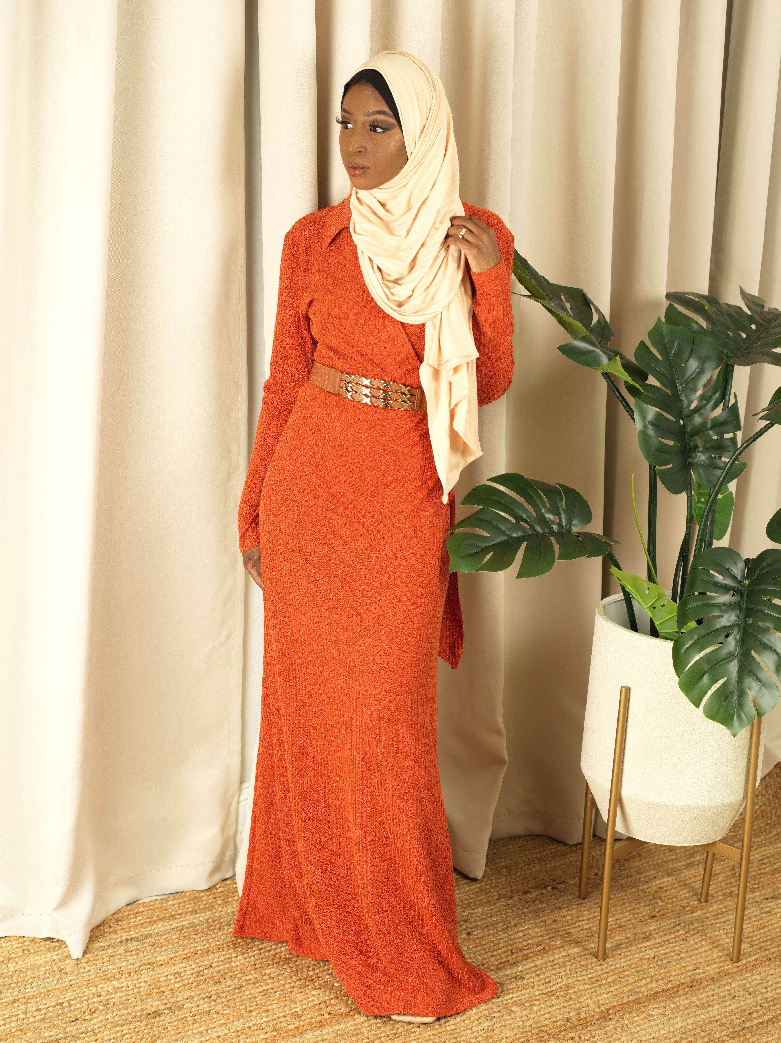 Naomi Orange V-Neck Ribbed Sweater Dress