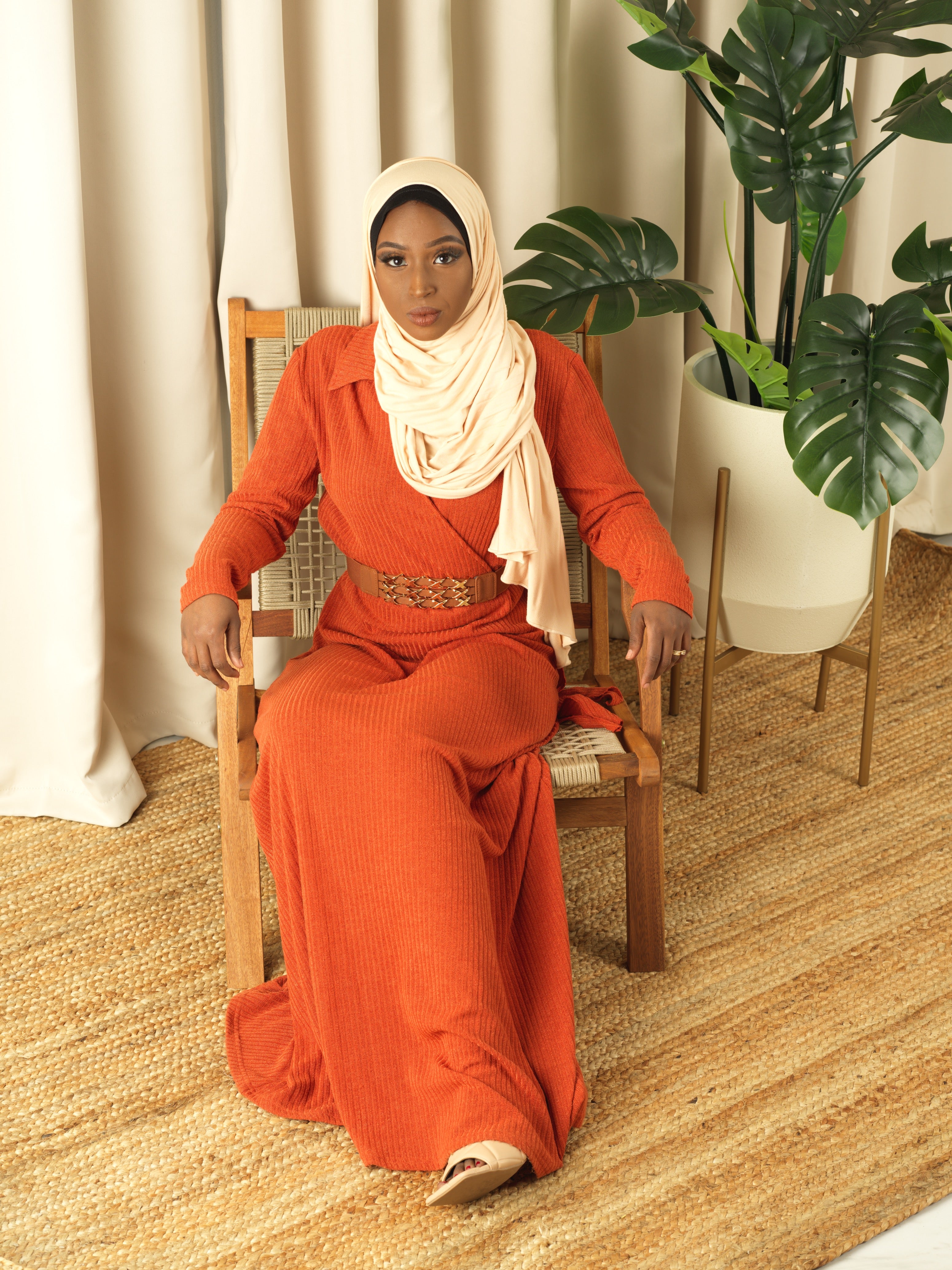Naomi Orange V-Neck Ribbed Sweater Dress