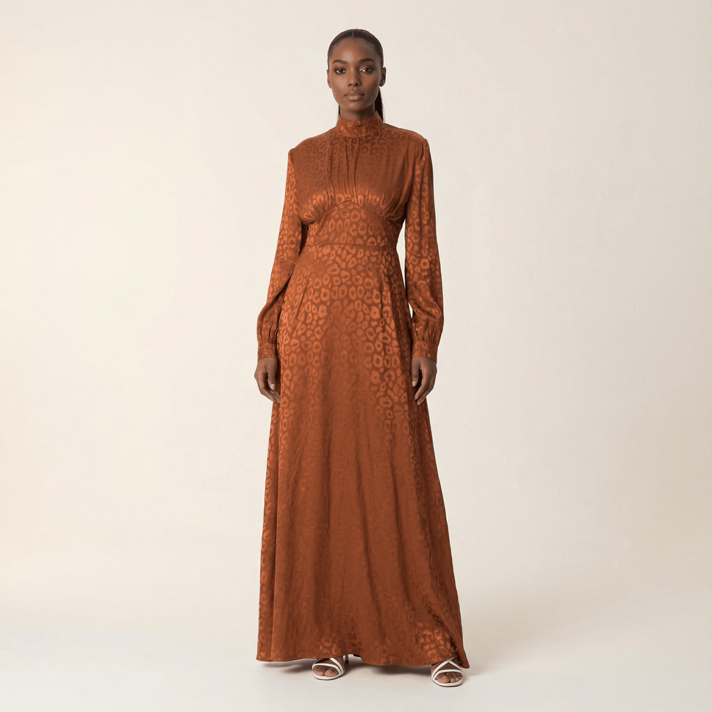 Kate Rust Brown Satin Jacquard Maxi Dress