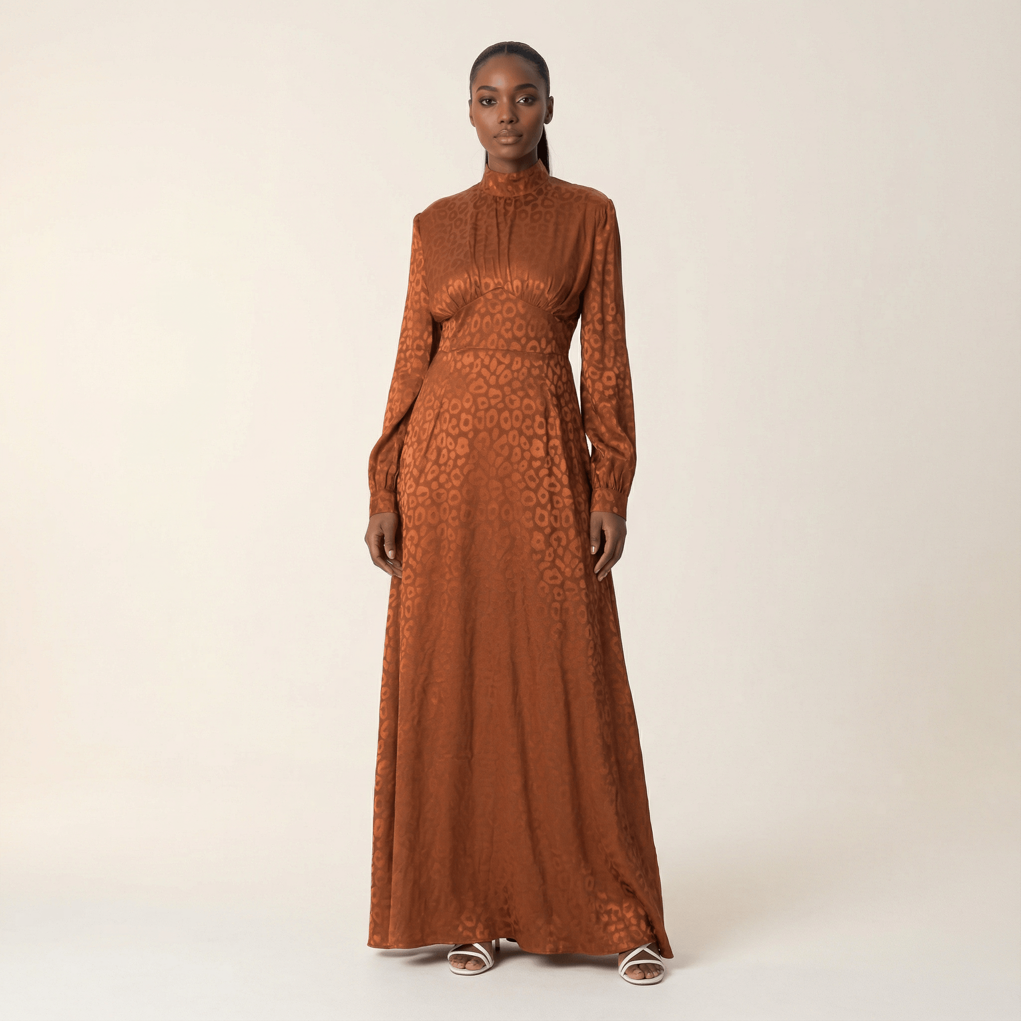 Kate Rust Brown Satin Jacquard Maxi Dress