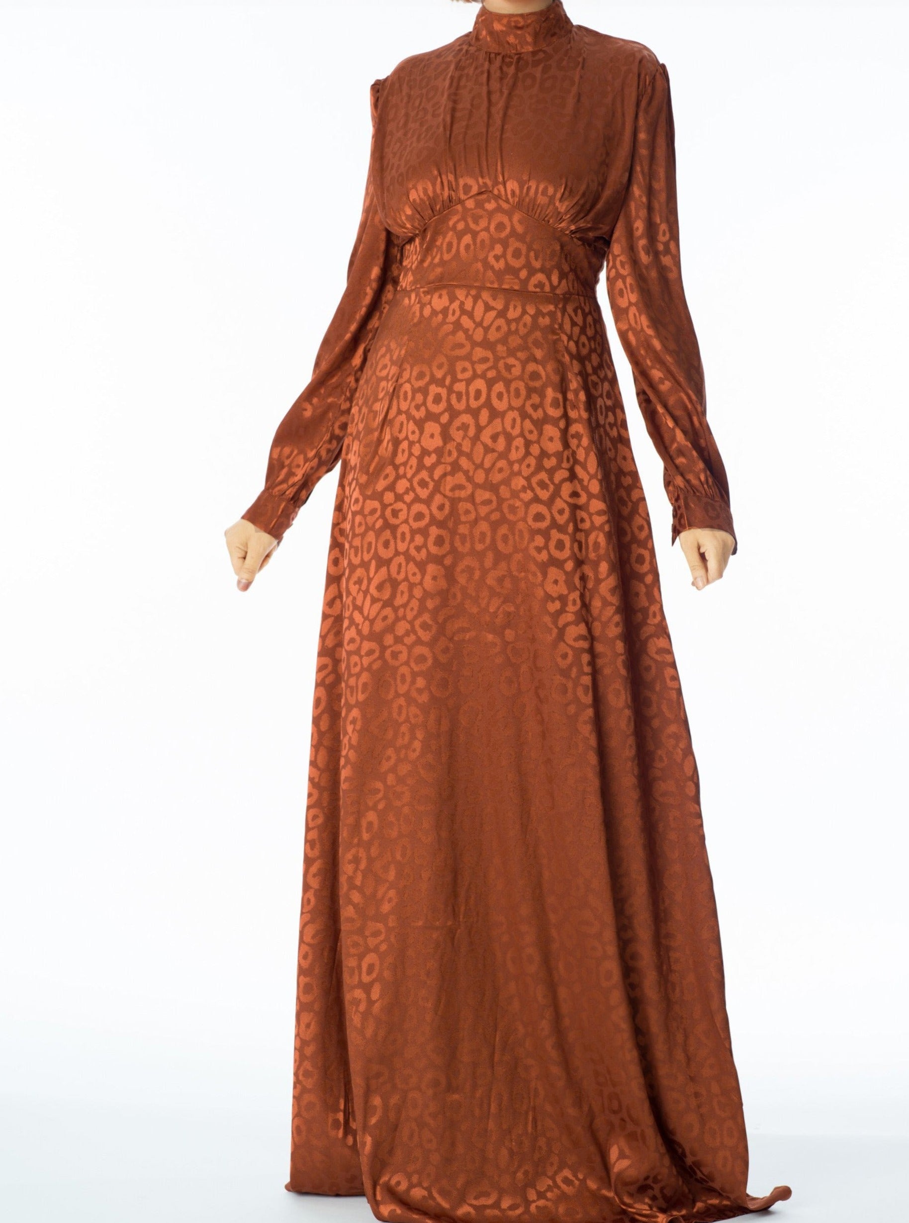 Kate Rust Brown Satin Jacquard Maxi Dress