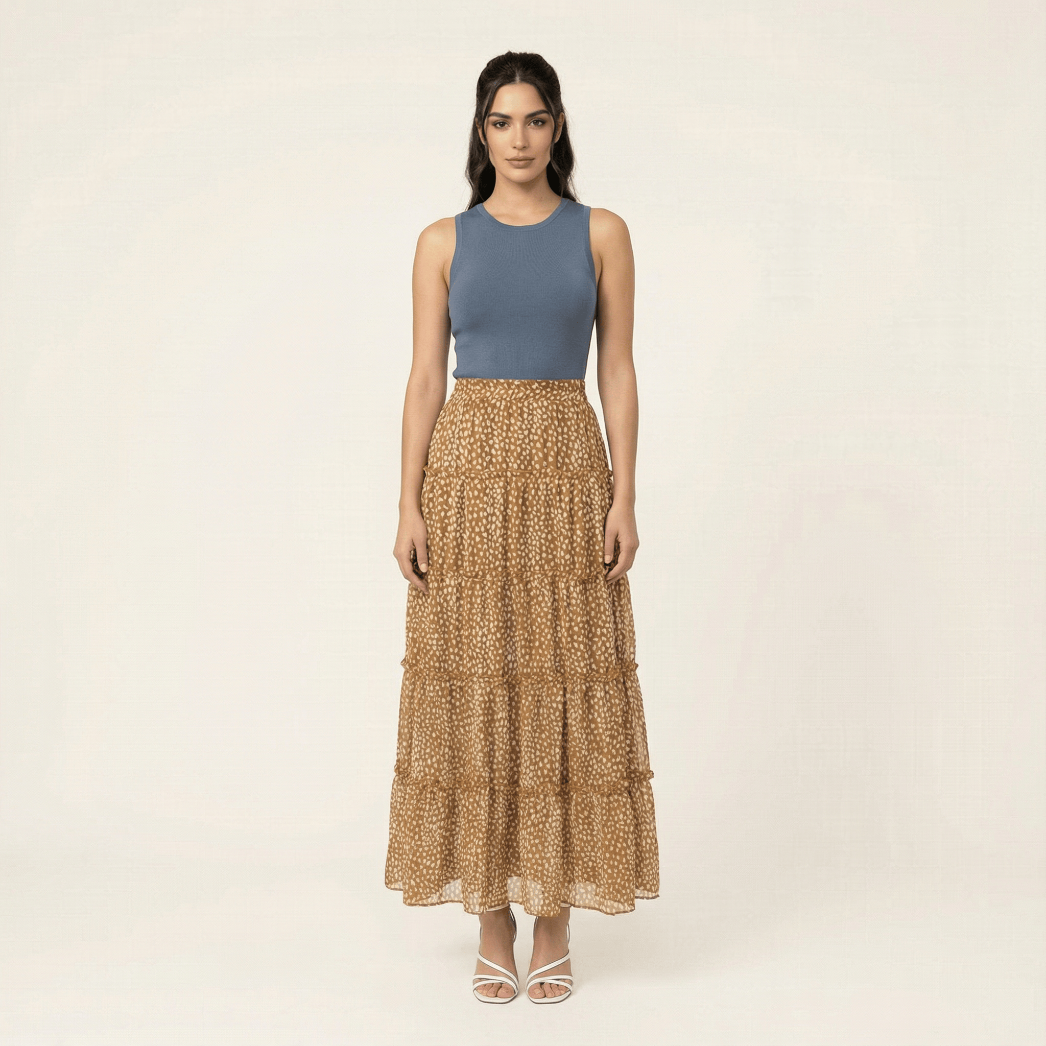Vivian Carmel Cheetah Tiered Maxi Skirt