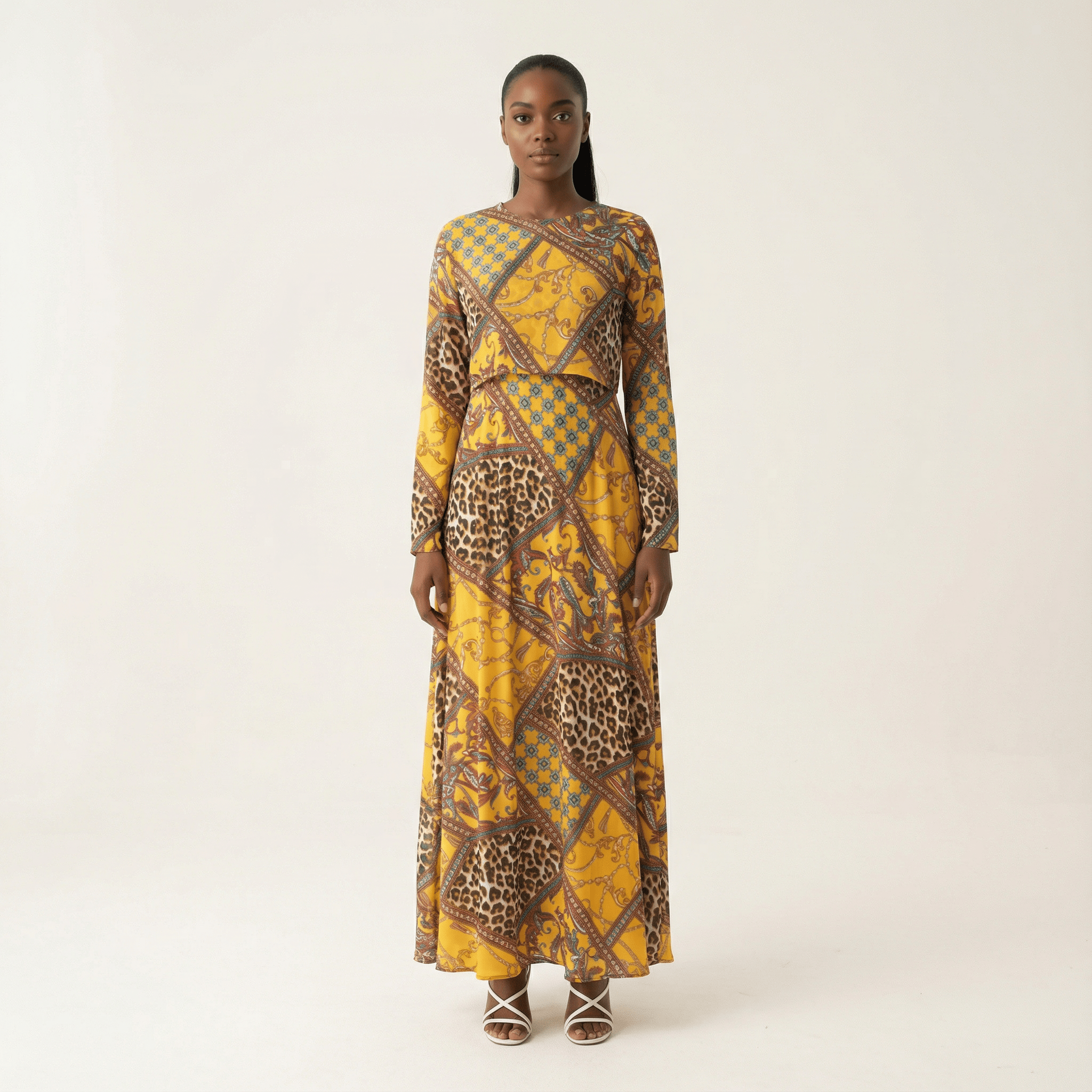 Sol Yellow Mixed-Print Maxi Dress